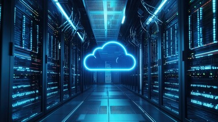 Glowing cloud icon in a server room, symbolizing cloud computing solutions. Perfect for illustrating data storage, IT infrastructure, and digital transformation strategies.