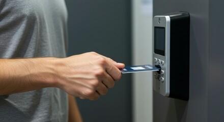 Obraz premium Man Using Access Card in Building