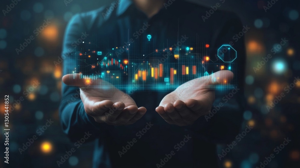 Poster businessman holds data-driven tech insights. modern digital graphs, numbers float in hands. informed