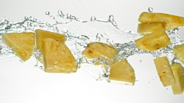 Super Slow Motion of Flying Pineapple Slices in Water Splashes, White Background. Filmed on High Speed Cinema Camera, 1000 fps. Speed Ramp Effect.