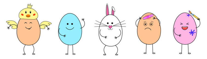 Very cute set of Easter characters. Collection consists of five elements isolated on  white background.  Smiling faces, Easter costumes, egg coloring. Delicate colors.