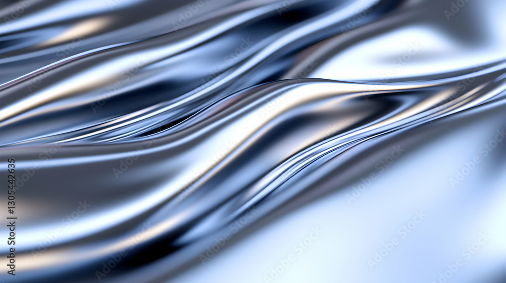 Poster a close-up view of smooth, flowing metallic textures, showcasing reflections and depth. the flowing 