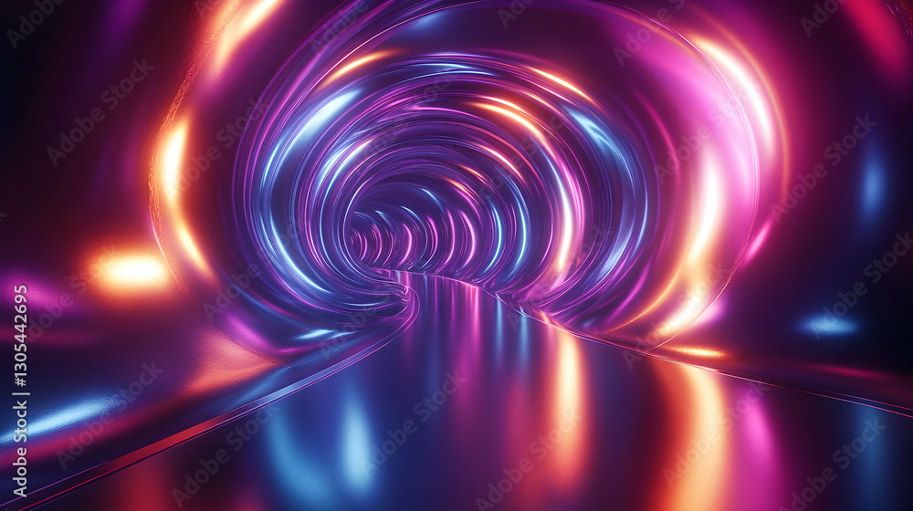 Poster a vibrant, colorful tunnel with illuminated swirling patterns. the reflections create a surreal and 