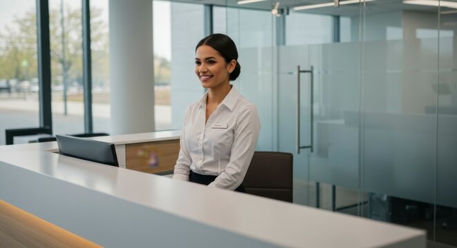 Receptionist Smiling at Desk in Modern Office