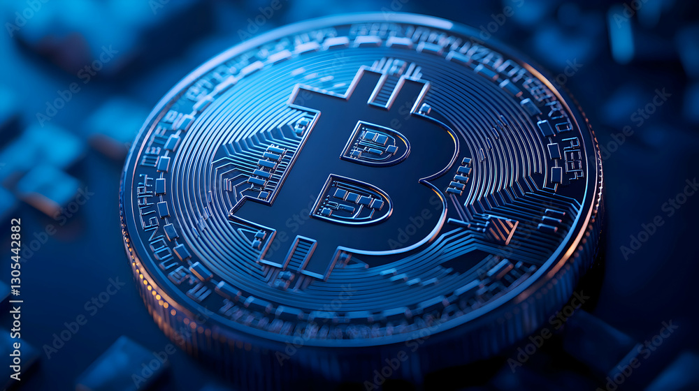 Poster a close-up view of a bitcoin coin, representing the emergence of digital currency and the growing im