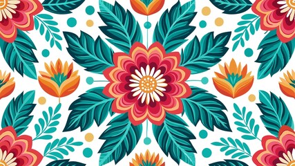 A colorful floral design with green leaves and red flowers