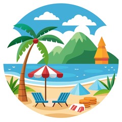 A beach scene with a palm tree, chairs, umbrellas