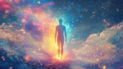 Naklejka premium Silhouette of a person amid a cosmic sky with clouds and stars, representing spiritual journey and self-discovery. Ideal for meditation, wellness, and mindfulness.