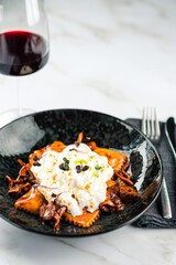 ravioli with chanterelle mushrooms close up