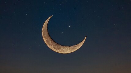 Crescent Moon. Detailed Crescent Moon in the night sky. Crescent Moon on black background with space for Ramadan theme.