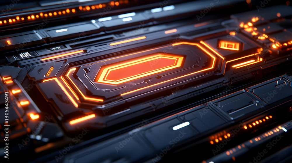 Poster a close-up view of a futuristic interface featuring glowing orange lights on a sleek black surface, 