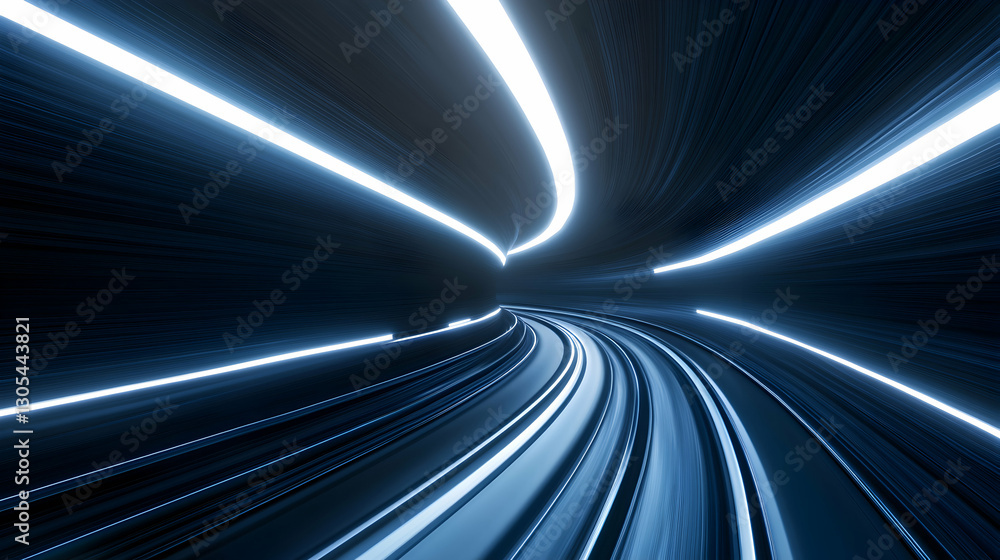 Poster a mesmerizing abstract depiction of light trails creating dynamic motion through a dark tunnel, symb