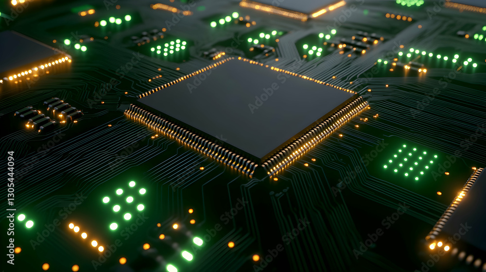 Aufkleber a close-up view of a modern circuit board showcasing intricate electronic components and illuminated