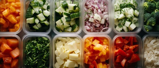 An organized array of diced vegetables in colorful containers highlights a vibrant, healthy meal prep on a clean countertop.