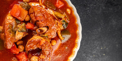 Tomato meat soup vegetable goulash fresh tasty food dish delicious gourmet food background on the table rustic food top view copy space keto and paleo diet