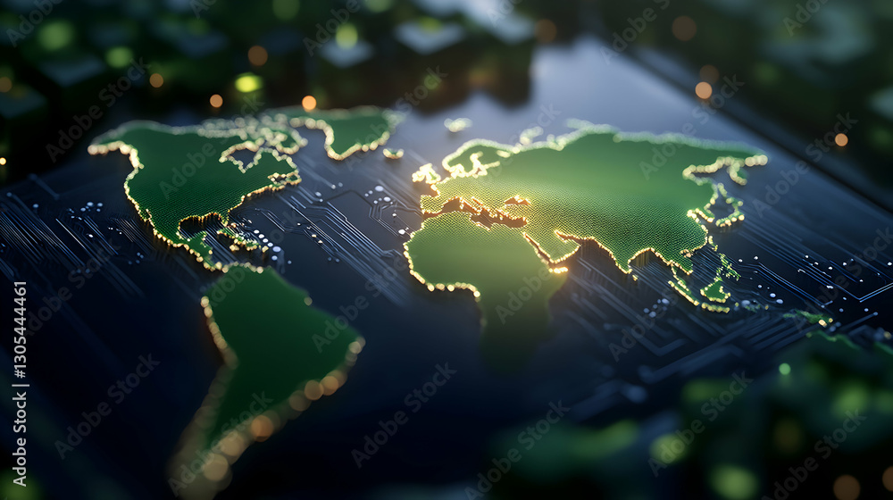 Poster a close-up view of a world map illuminated on a circuit board, representing the intersection of tech