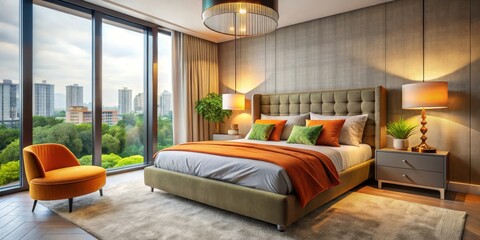 Serene Bedroom with City View and Warm Lighting Featuring a Plush Upholstered Bed, Orange Accent Chair, and Stylish Nightstand