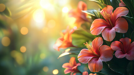 Fototapeta premium Vibrant hibiscus flowers bloom under soft sunlight, creating a serene and enchanting atmosphere
