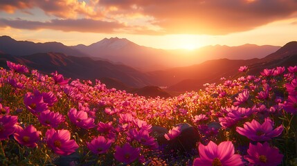 Fototapeta premium Sunrise over Mountainous Flower Field