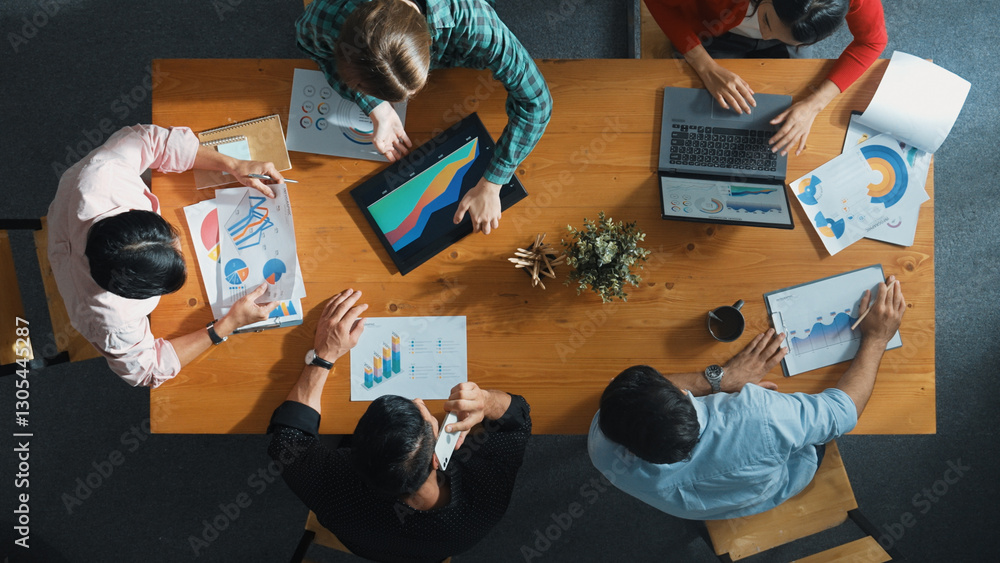 Aufkleber top down view of business woman explain and present financial chart. diverse group discuss and liste