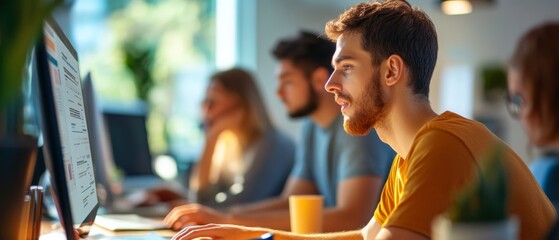 Young professionals work at computers in a bright, modern office space, inspired by the morning light streaming through large windows.