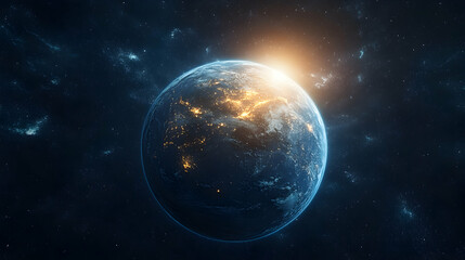 Obraz premium A breathtaking view of Earth illuminated by a rising sun, captured from space, showcasing detailed continents and a stunning expanse of cosmic beauty