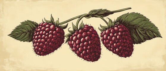Three ripe raspberries cluster together on a vine, surrounded by lush green leaves, all presented in a vintage illustration style