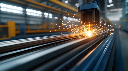 A close-up view of a precision cutting machine in an industrial setting, emitting bright sparks as it works on metal