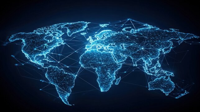 Digital world map with glowing nodes and connections, representing global network connectivity and data flow. Ideal for tech, communication, and international business.