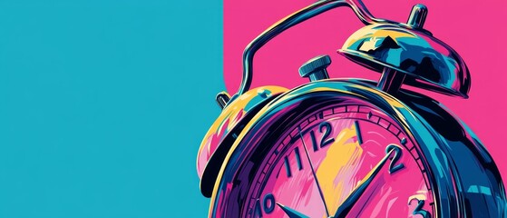 A vivid alarm clock design features bold colors and an artistic style, set against a contrasting blue and pink background, evoking a sense of modern creativity