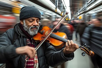 Talented Musician Performs Soulful Violin Solo in Bustling City Train Station