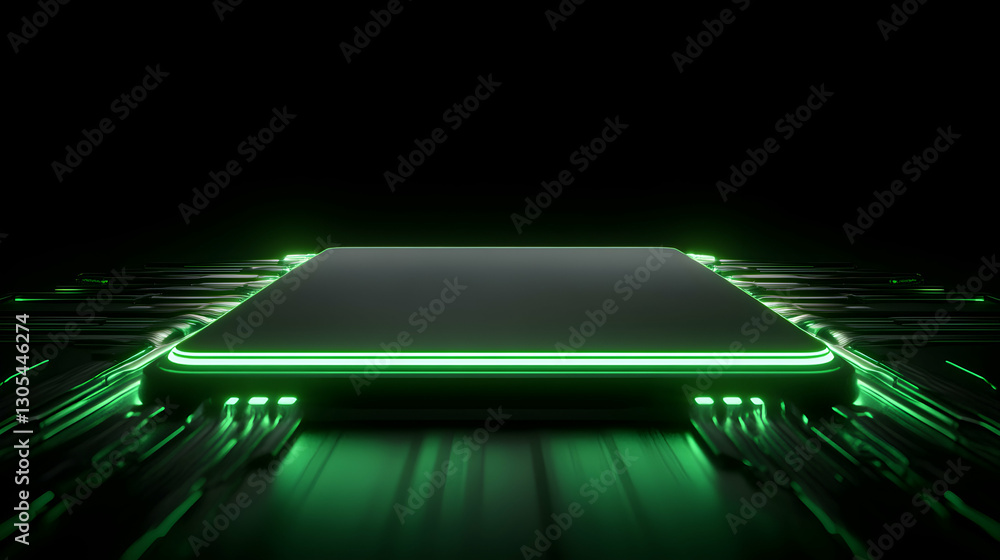 Poster a futuristic depiction of a circuit board illuminated with vibrant green lights, symbolizing advance