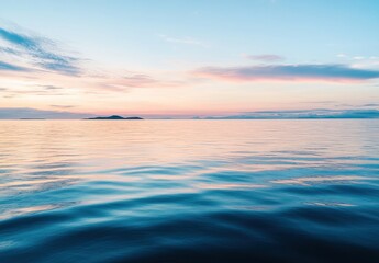 Fototapeta premium Tranquil Ocean View at Sunset with Soft Waves Reflecting Colorful Sky and Distant Islands under Gentle Light in Peaceful Atmosphere
