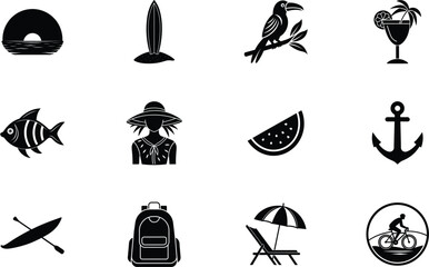 Summer Vacation Icons Beach, Sun, Surf, Travel, Relaxation