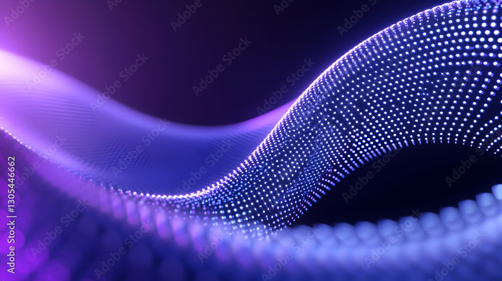 Poster a mesmerizing abstract wave of glowing dots in shades of purple and blue, creating a dynamic and fut