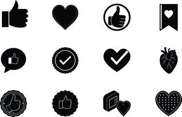 Black and White Icons Thumbs Up, Hearts, Likes, Approval