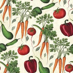 Vibrant vegetable seamless pattern with carrots tomatoes and peppers red food farm diet green fresh