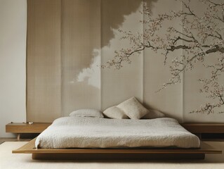 A minimalist bedroom featuring a bed with floral wall art