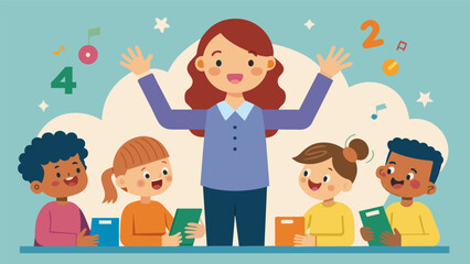 The teacher guides the class in a cheerful rendition of a counting song with the students eagerly counting along.. Vector illustration