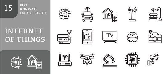 Set of Internet Of Things icons. Icons Contains smart car, automated home, sensor, robotic, digital wallet, etc . Design elements for you projects. Editable stroke vector illustration