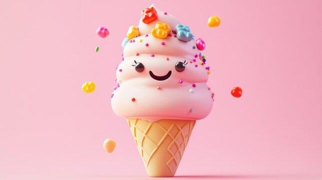Cute ice cream cone with sprinkles and candies on pink background - Powered by Adobe