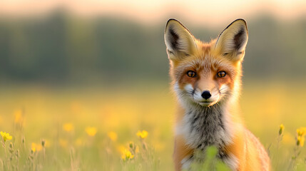 A stunning close-up of a fox in a vibrant field of wildflowers, showcasing its expressive eyes and rich orange fur against a soft, blurred background. Nature at its finest.