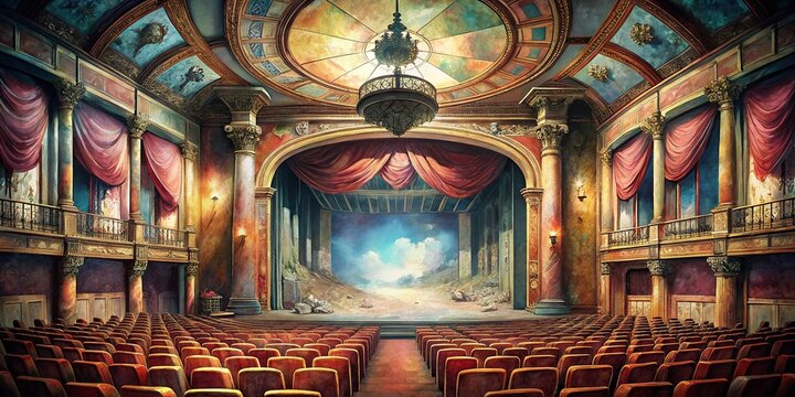 Historic Italian Theater Interior, Ripatransone, Marche Region -  Grand Architectural Details & Empty Stage