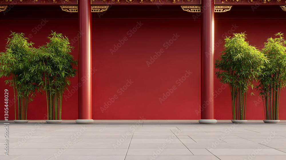 Poster a serene architectural view showcasing vibrant red walls and bamboo greenery, perfect for adding a t