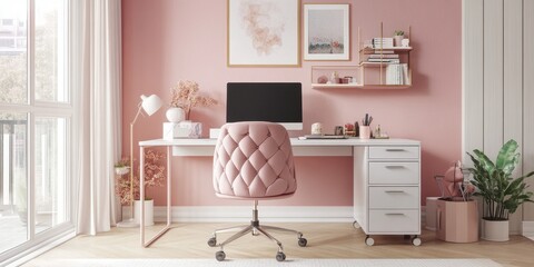 A beautifully decorated home office space with lovely pink decor