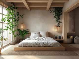 A serene bedroom with natural wood elements and lush greenery