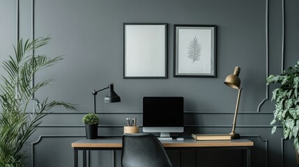 Modern workspace interior, minimalist dark gray room, desk, computer, posters