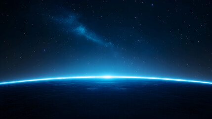 A breathtaking view of the Earth's horizon, showcasing the mesmerizing blue glow against a backdrop of countless stars in a dark sky