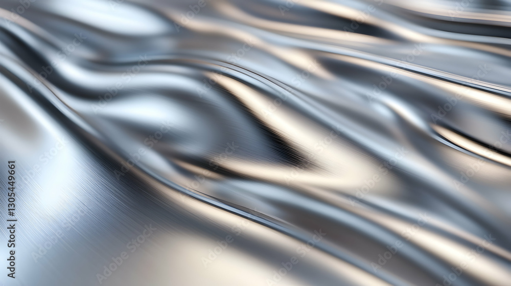 Poster a stunning close-up of flowing metallic texture, showcasing smooth curves and reflective surfaces. t
