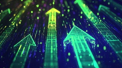 A vibrant digital illustration of upward arrows, symbolizing growth, progress, and innovation against a colorful, glowing background.